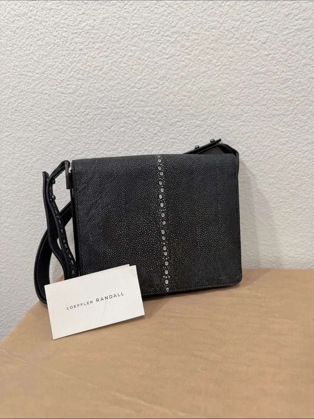 LOEFFLER RANDALL  Black Textured Crossbody sharkskin print. STUNNING!